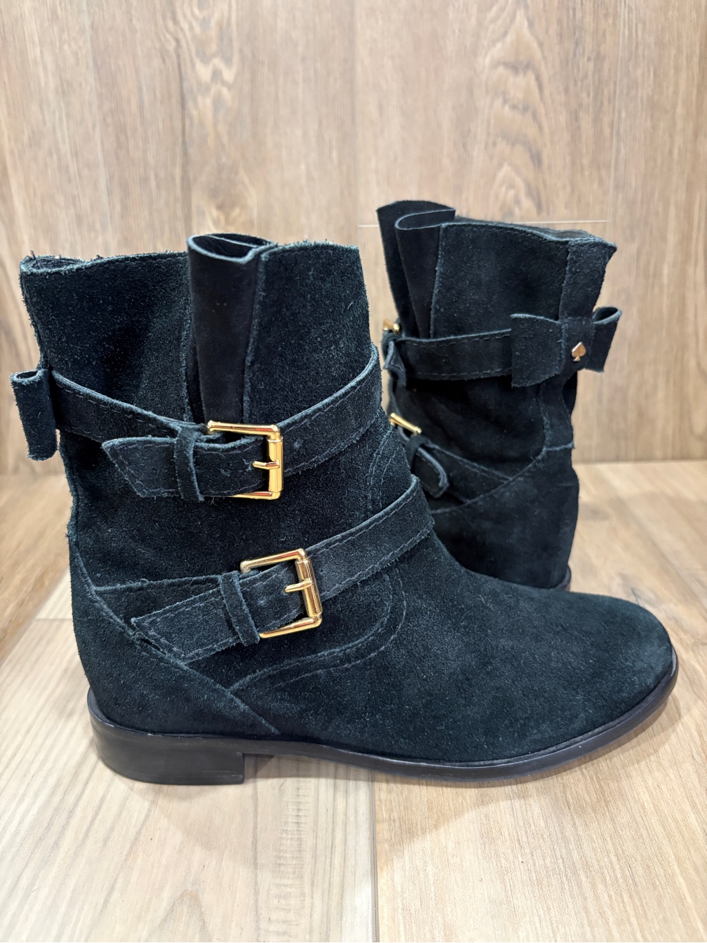 Kate Spade S2510468 Sabina Black Sport Suede Buckle Bow Ankle Boots 7